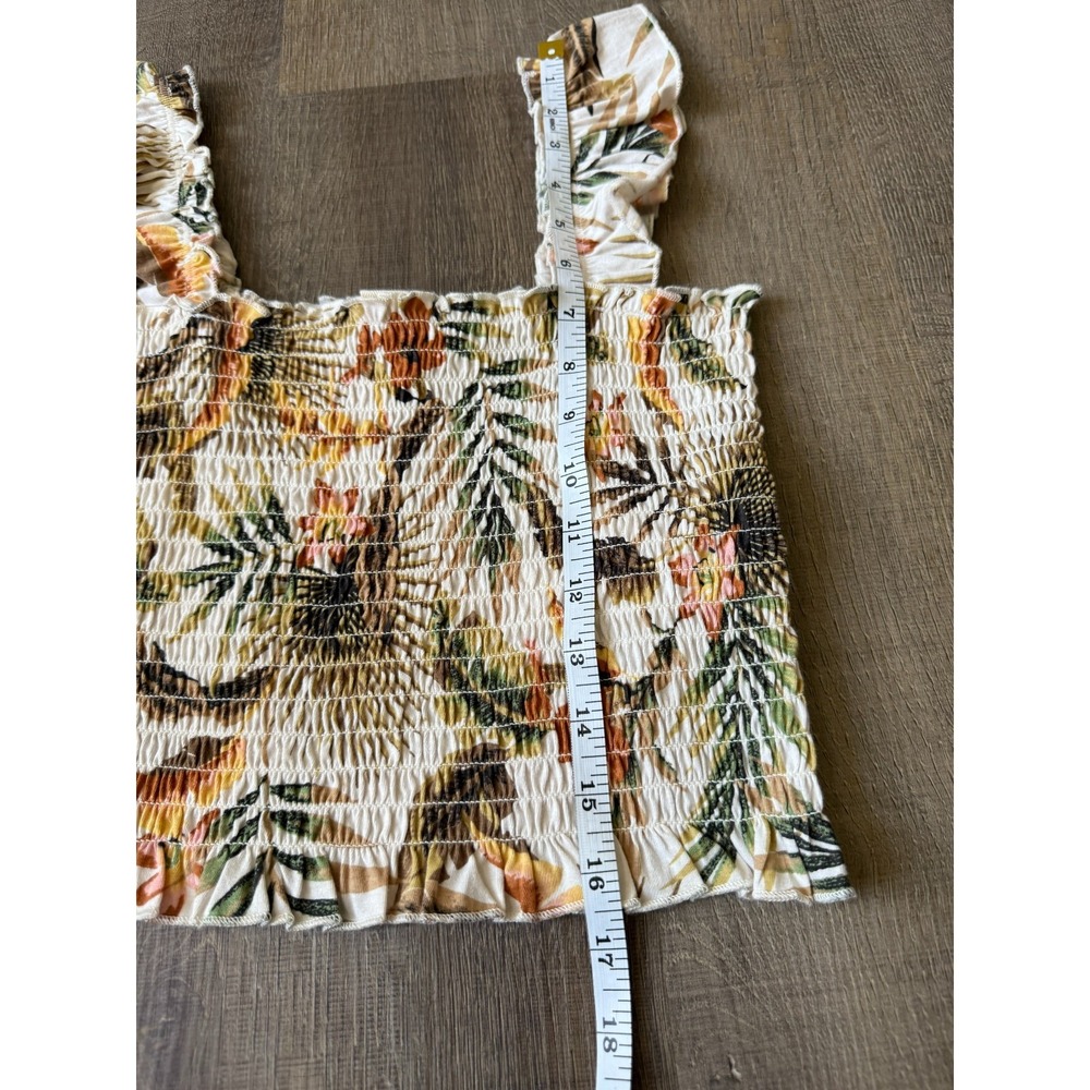 Billabong Cream Tropical Floral Smocked Crop Top Women M Ruffle Strap Boho Beach - Picture 3 of 8